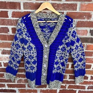 Miss Sasa Large Blue/Tan Button Down Cardigan